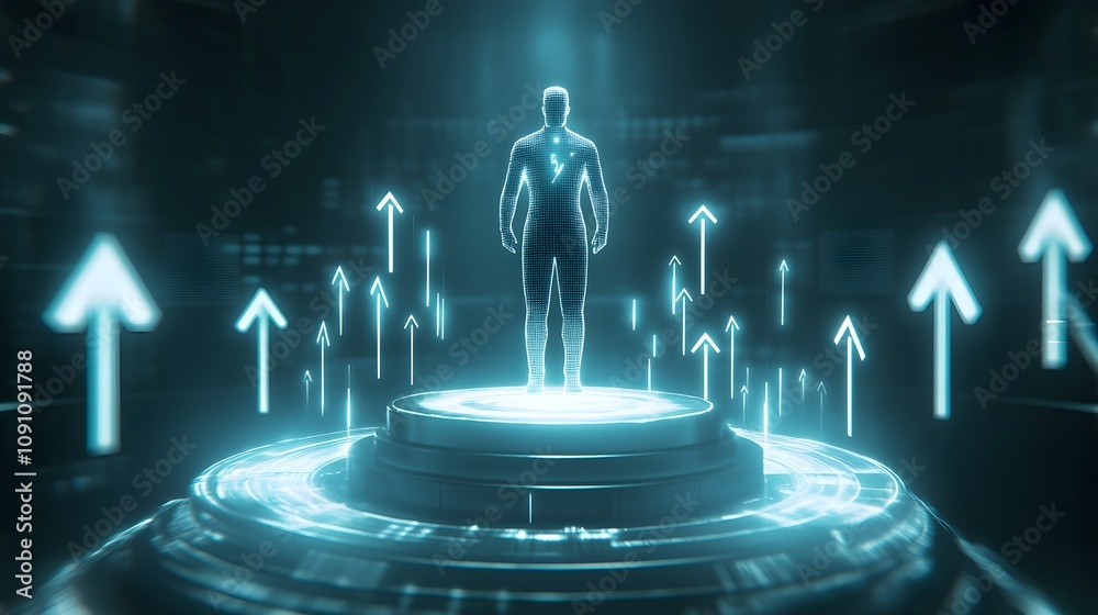 Poster a leader standing on a podium, their 3d-rendered figure surrounded by 2d holographic visuals of asce