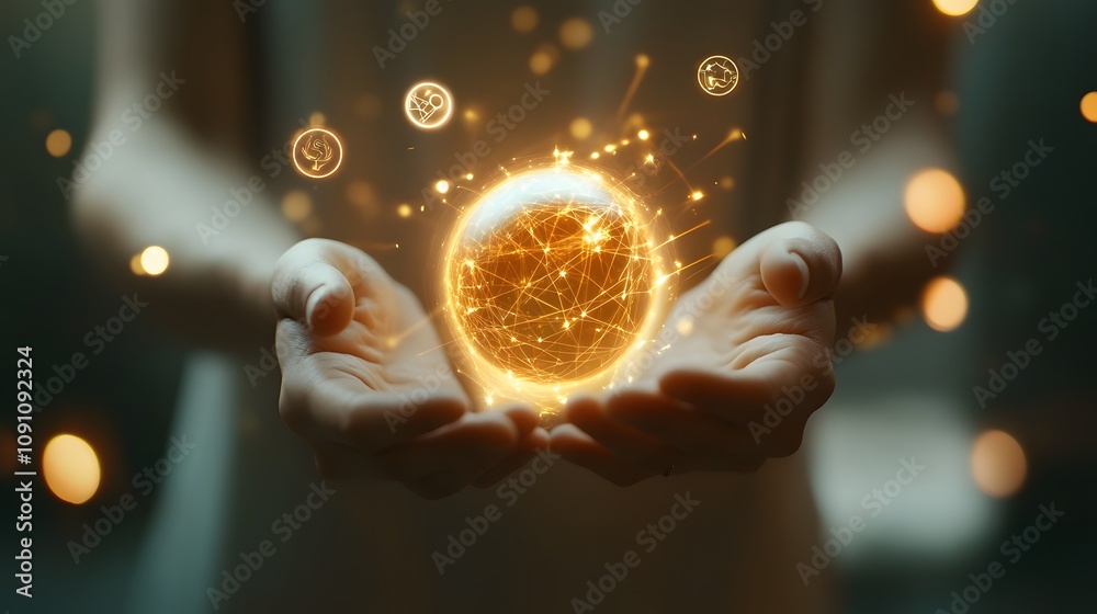 Poster a person holding a glowing orb in their hands, with 3d-rendered beams of light and 2d floating symbo