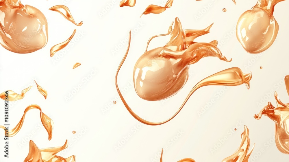 Poster abstract floating shapes resembling liquid or gel, suggesting movement and fluidity.
