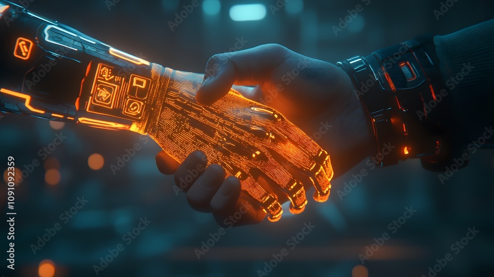 Poster a professional shaking hands with a partner, their 3d-rendered arms glowing with 2d icons of collabo