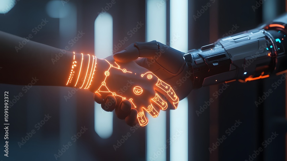 Poster a professional shaking hands with a partner, their 3d-rendered arms glowing with 2d icons of collabo