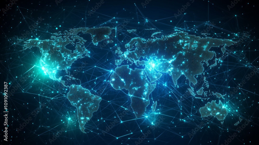 Poster a blue and green image of the world with many lights and lines