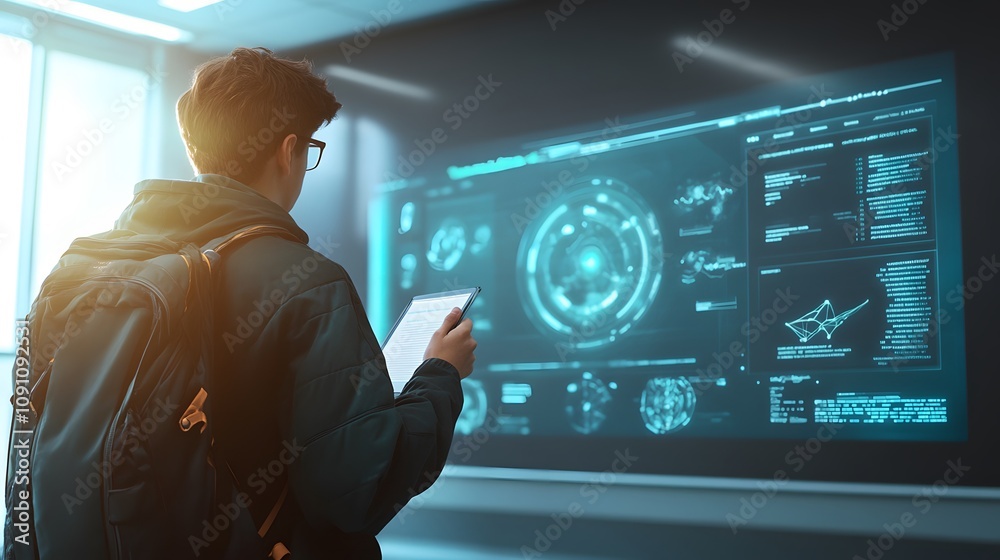 Poster a student giving a presentation in a modern classroom, with 3d holographic visuals and 2d glowing an