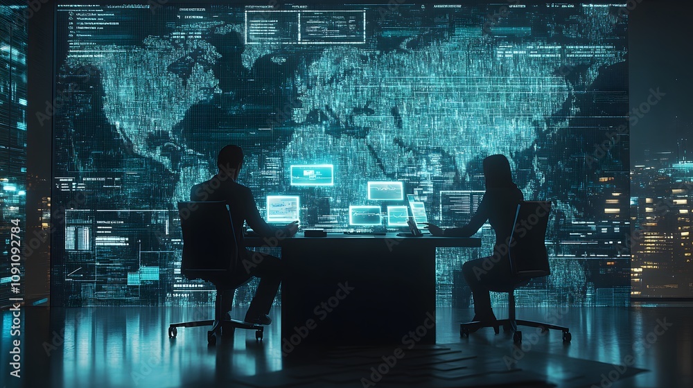Poster a business coach reviewing progress with a team, their 3d pointers highlighting 2d holographic analy