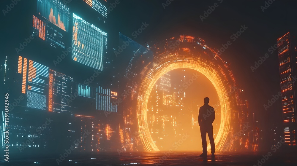 Poster a professional standing under a digital archway of growth statistics, with 3d glowing projections an