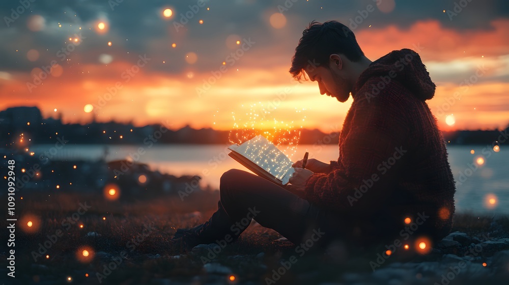 Poster a professional writing in a journal at sunset, with 3d glowing words and 2d animations of future asp