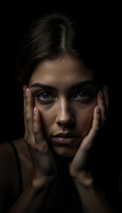 Serene Woman in Low Light with Eyes Closed, Reflecting Inner Peace and Emotional Tranquility in a Contemplative Portrait