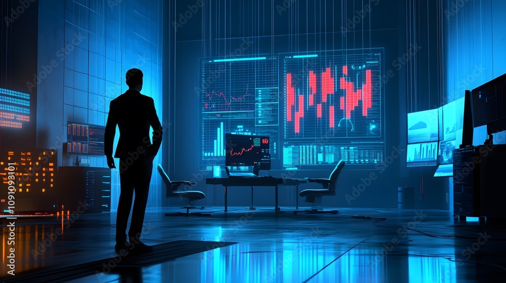 Poster a manager showing a production facility to investors, with 3d glowing charts and 2d animations of pr