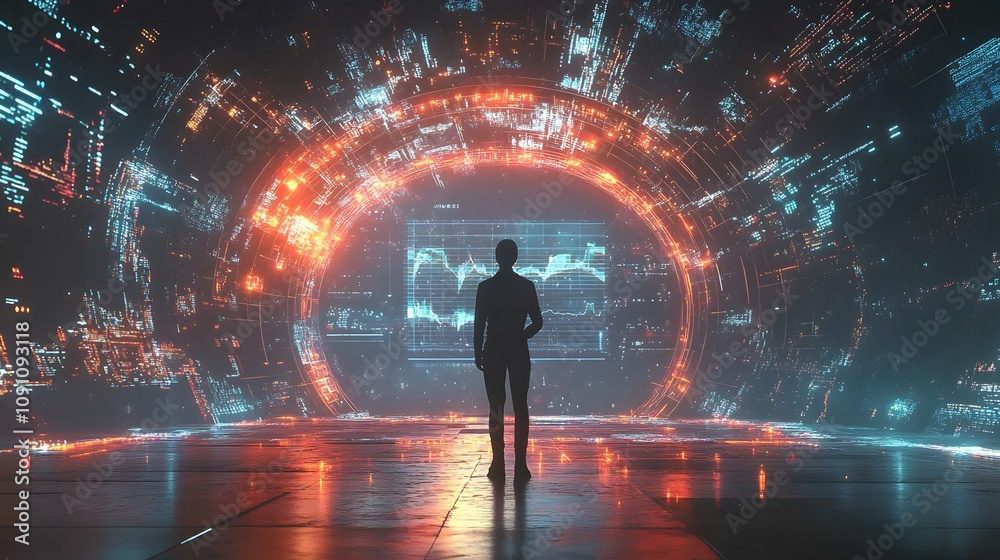Poster a professional standing under a digital archway of growth statistics, with 3d glowing projections an