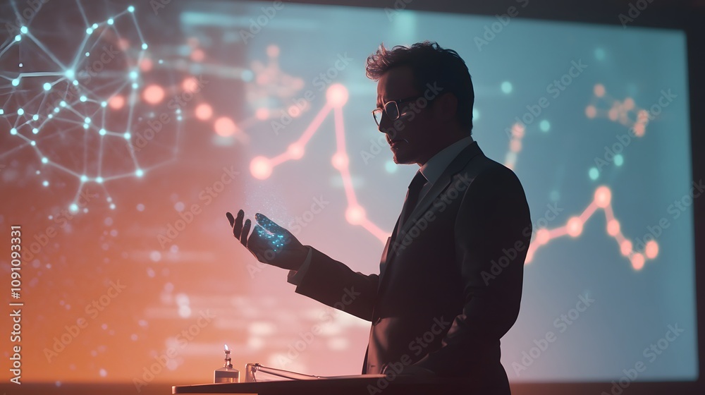 Poster a scientist presenting findings at a conference, with 3d glowing data charts and 2d holographic high