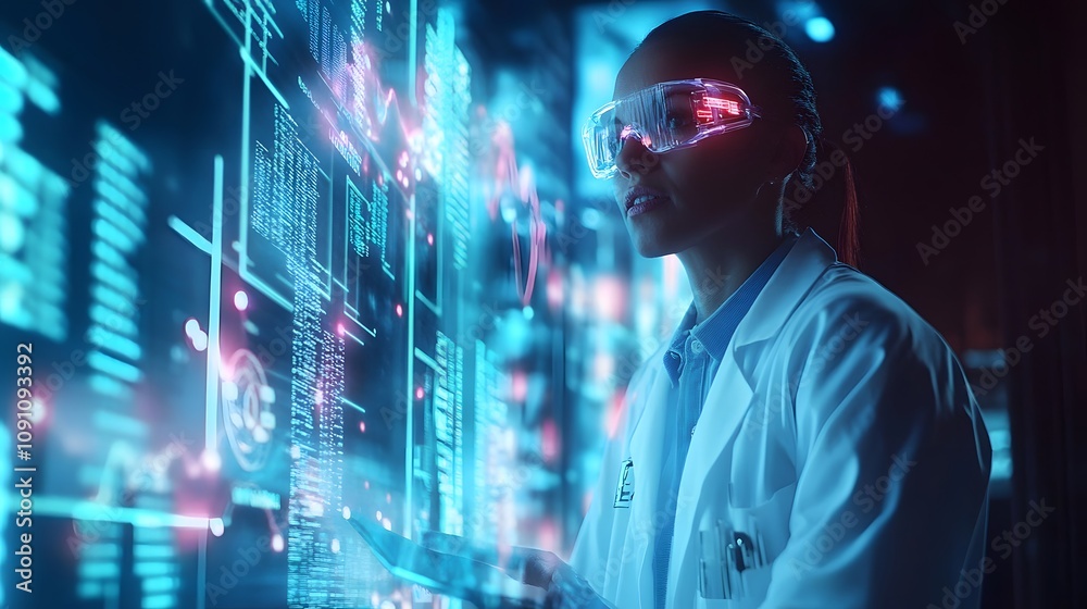 Poster a scientist presenting findings at a conference, with 3d glowing data charts and 2d holographic high