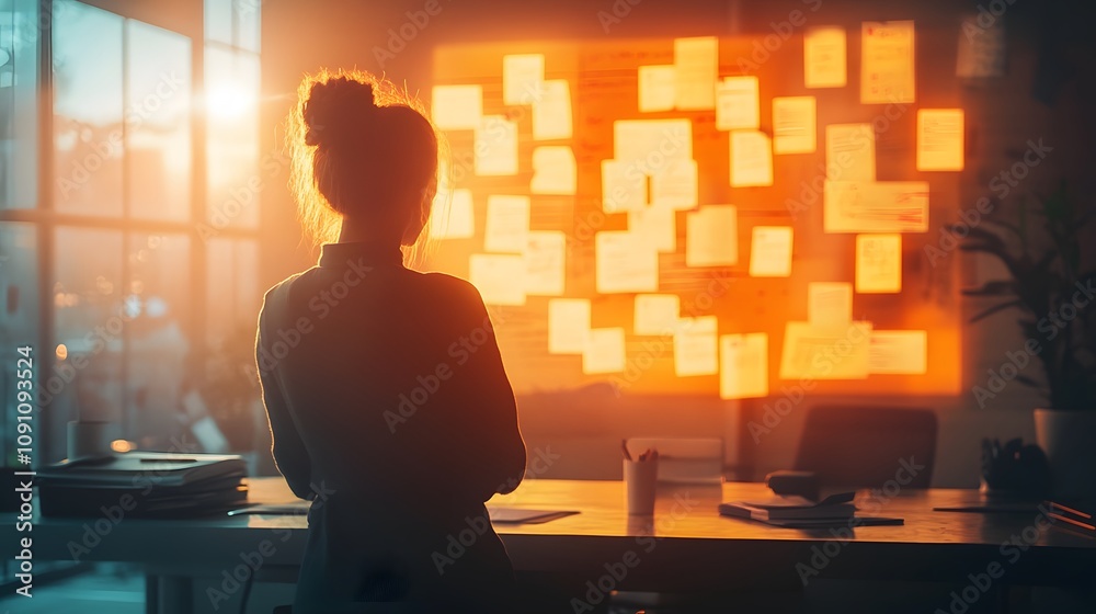 Poster a brainstorming session in a bright room, with 3d glowing sticky notes on a wall and 2d holographic 