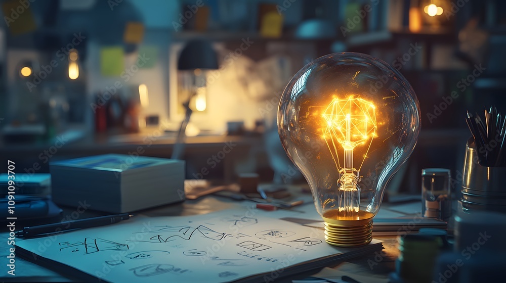 Poster A creative pitch environment with 3D glowing sketches and 2D animated paths of innovation in the background. 4k resolution, Cinematic Scene