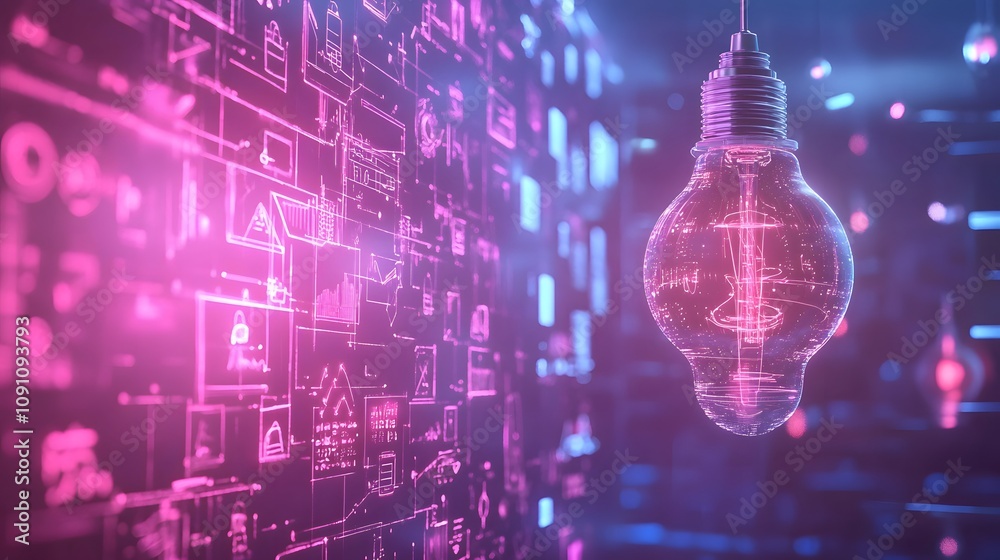 Poster A creative pitch environment with 3D glowing sketches and 2D animated paths of innovation in the background. 4k resolution, Cinematic Scene