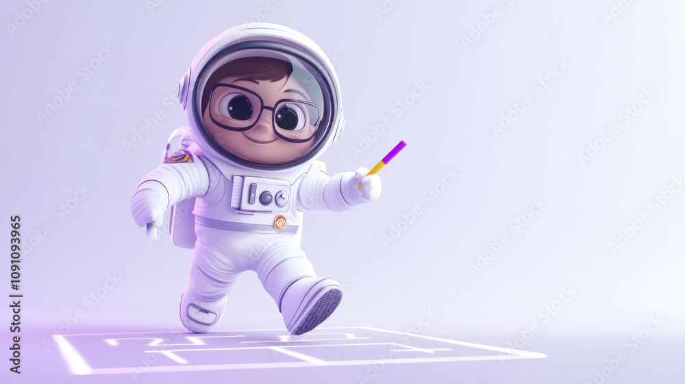 Aufkleber A playful cartoon character in a spacesuit, exploring a cosmic environment with joy.