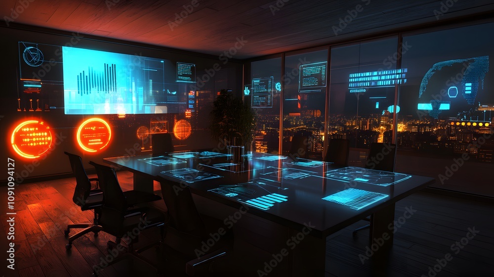 Poster a tech-savvy meeting room with 3d glowing augmented reality devices and 2d overlays of startup metri