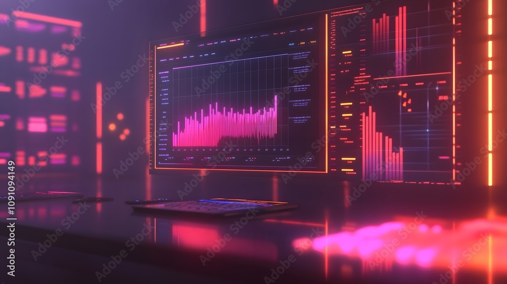 Poster A clean desktop setup featuring 3D rendered charts on a holographic screen and 2D glowing data points. 4k resolution, Cinematic Scene