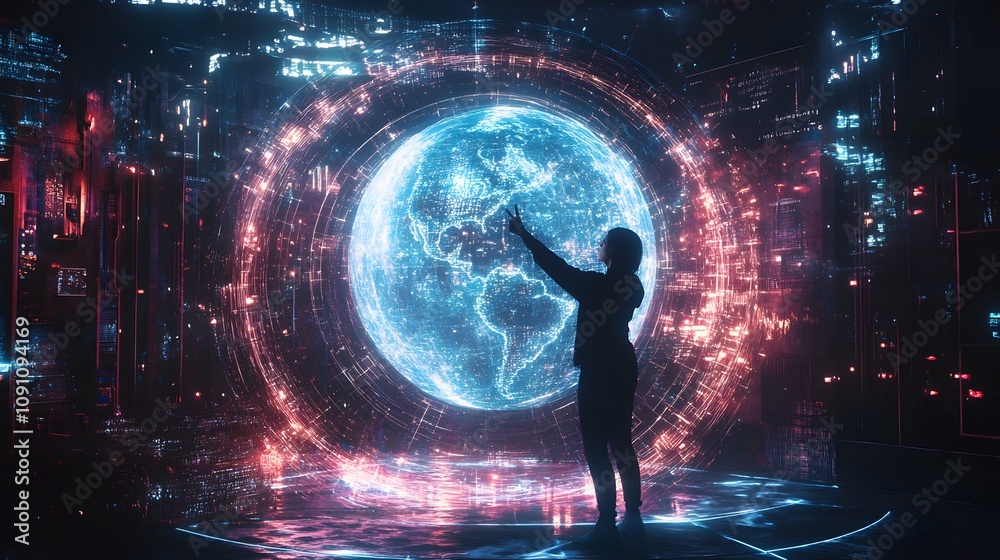 Poster A person interacting with a holographic globe projected from a 3D device, surrounded by 2D glowing innovation pathways. 4k resolution, Cinematic Scene