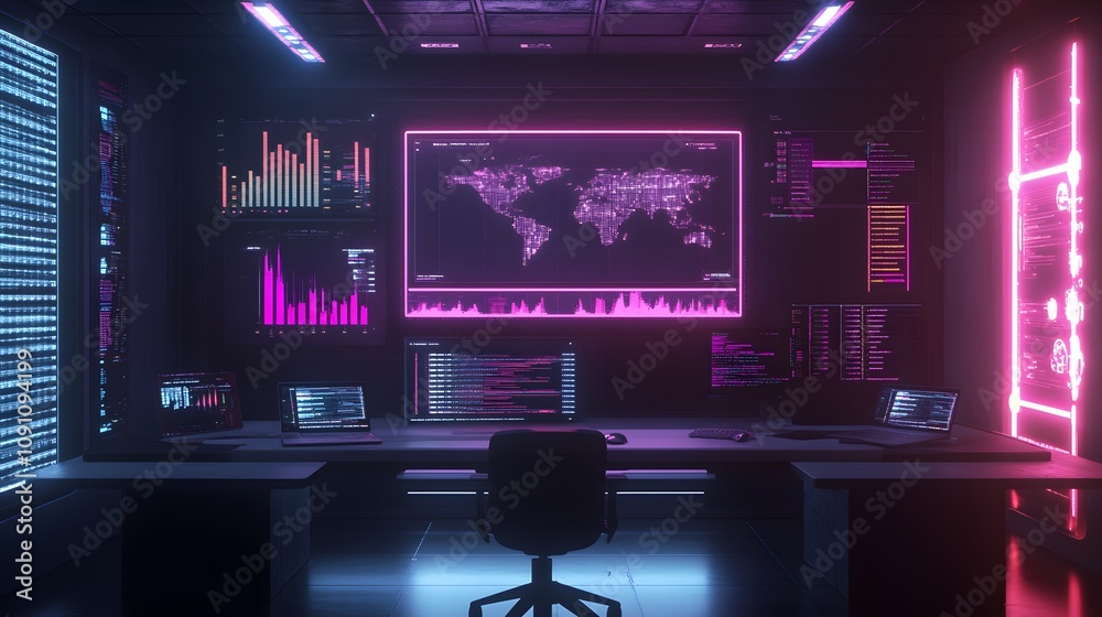 Poster A clean desktop setup featuring 3D rendered charts on a holographic screen and 2D glowing data points. 4k resolution, Cinematic Scene