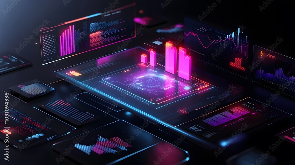 Poster A startup presentation with 3D glowing holograms of the product lifecycle and 2D visual representations of market strategies. 4k resolution, Cinematic Scene