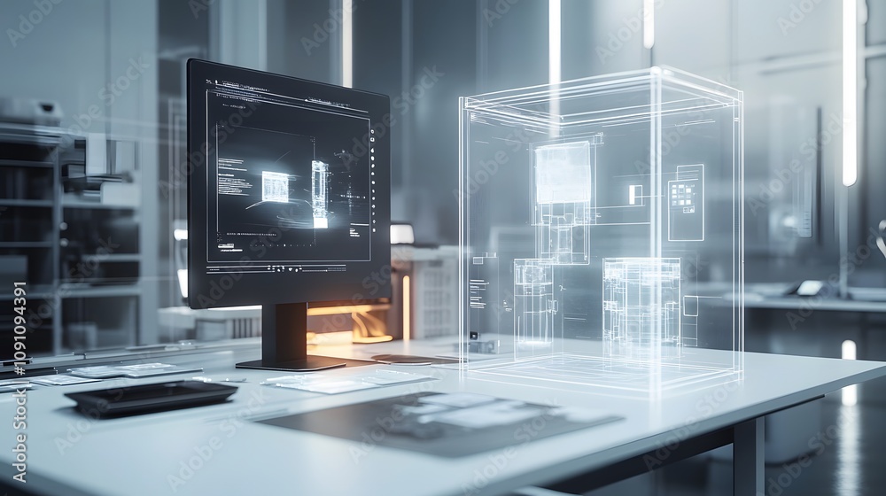 Poster A minimalist design lab with 3D glowing prototypes displayed on white surfaces and 2D holographic annotations. 4k resolution, Cinematic Scene