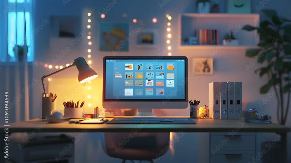 Aufkleber a sleek desk with 3d glowing task organizers and 2d notifications showcasing the day s goals. 4k res