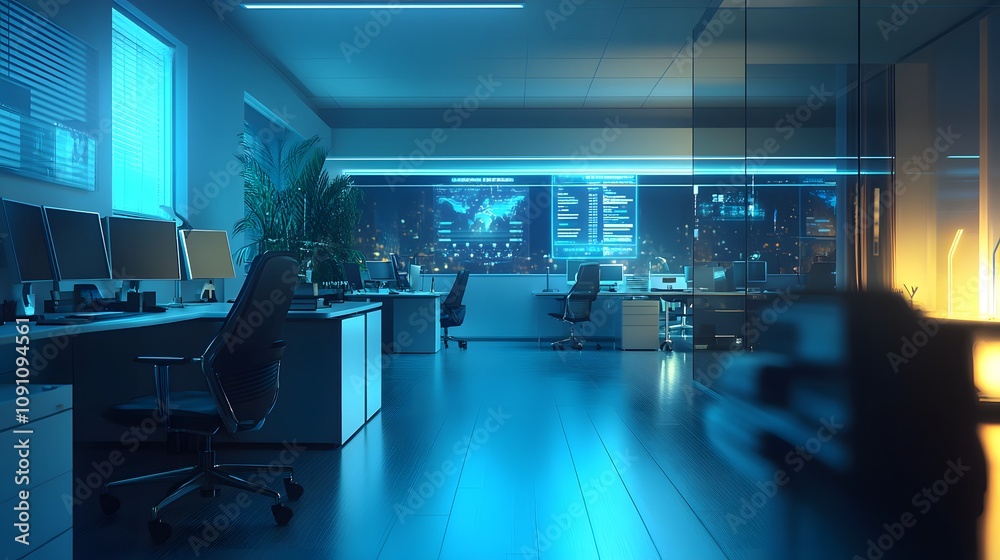 Aufkleber a clean office featuring a 3d glowing timeline of achievements and 2d floating visual highlights of 