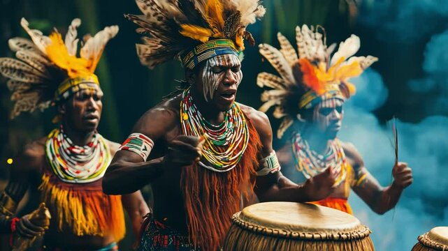 Three indigenous men in colorful costumes are playing drums in front of a fire.