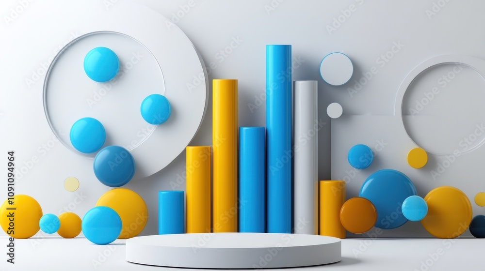 Poster abstract composition with colorful geometric shapes and bars against a minimalist background.