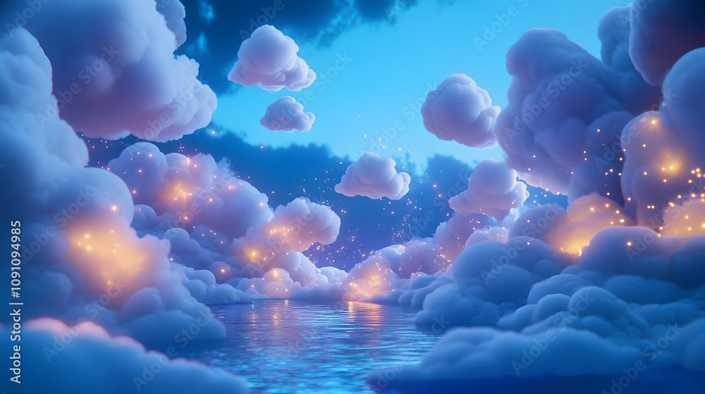 Poster A brainstorming session featuring 3D glowing floating idea clouds and 2D glowing inspiration paths. 4k resolution, Cinematic Scene