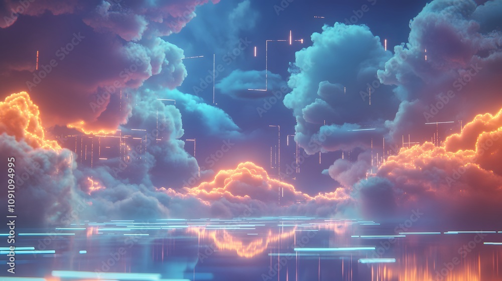 Poster A brainstorming session featuring 3D glowing floating idea clouds and 2D glowing inspiration paths. 4k resolution, Cinematic Scene