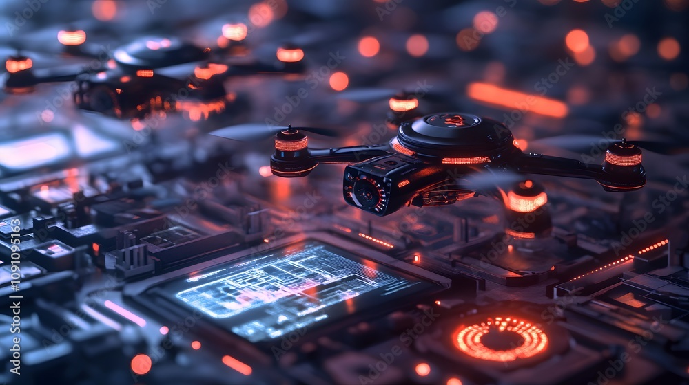 Aufkleber A tech lab with 3D glowing drones hovering and 2D floating holographic operating instructions. 4k resolution, Cinematic Scene