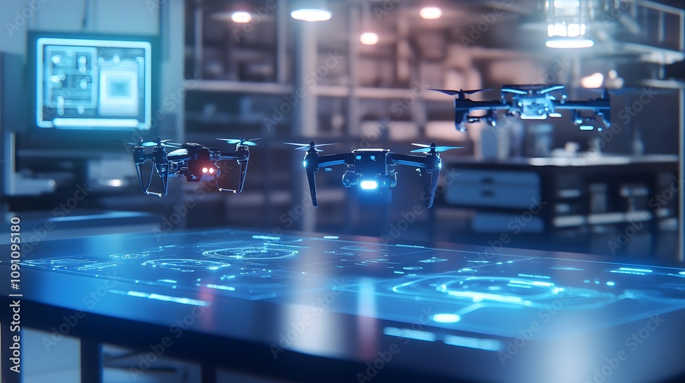 Aufkleber A tech lab with 3D glowing drones hovering and 2D floating holographic operating instructions. 4k resolution, Cinematic Scene