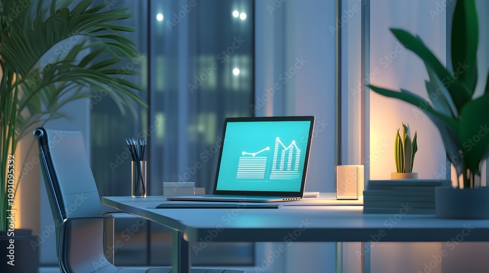 Poster a minimalist office showing a 3d glowing roadmap of milestones and 2d animated highlights. 4k resolu