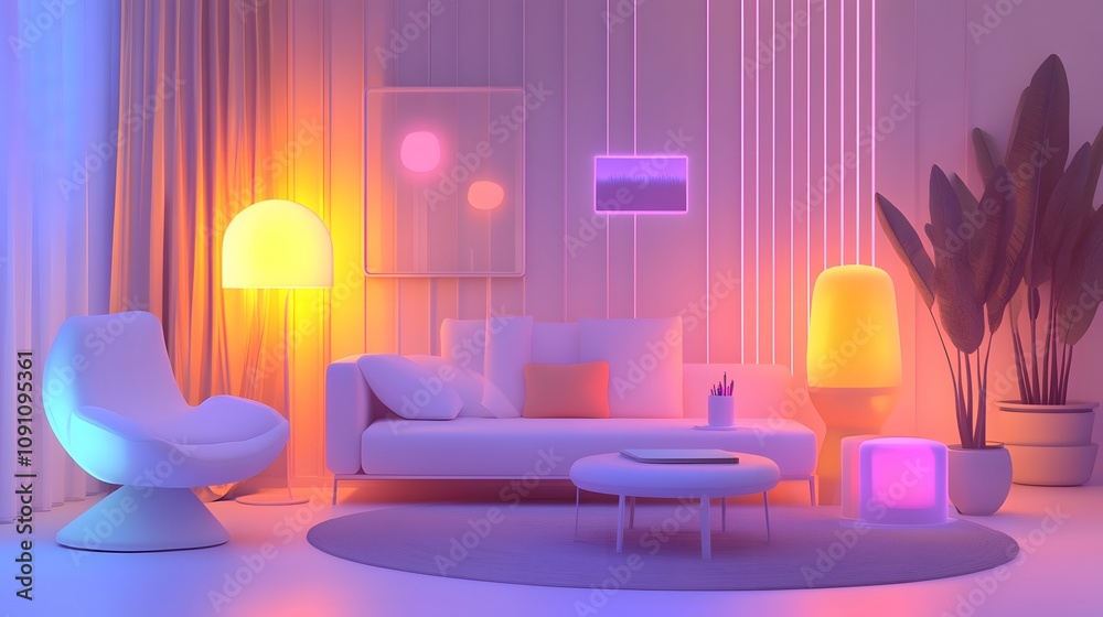 Poster A product concept room showcasing 3D glowing furniture prototypes and 2D animated design statistics. 4k resolution, Cinematic Scene