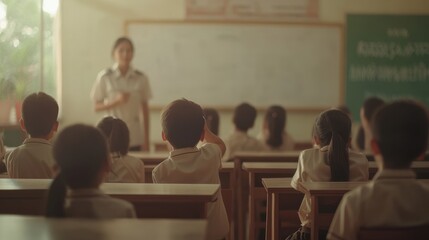 Obraz premium A teacher stands in front of students in a classroom, engaging them in learning, with a chalkboard and natural light illuminating the space.