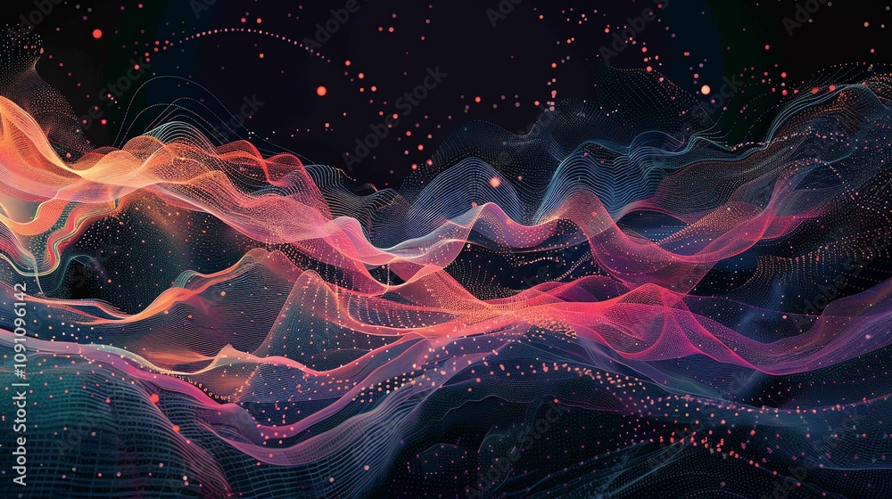 Canvas Prints abstract colorful waves and particles forming a dynamic landscape.