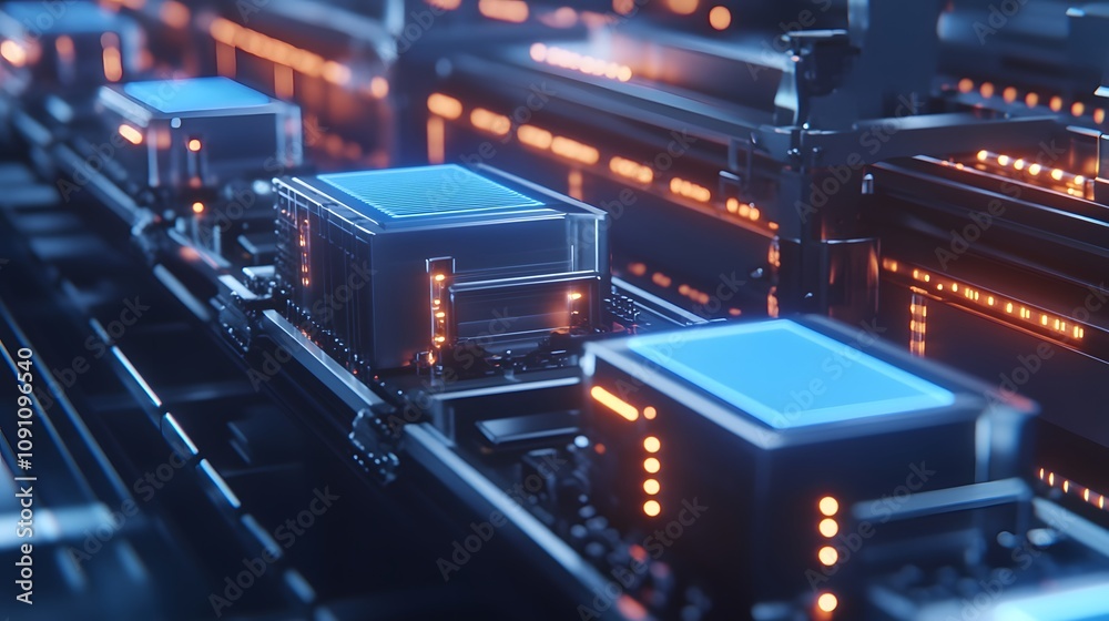 Poster a 3d-rendered production line manufacturing reusable containers, with 2d glowing overlays showing th