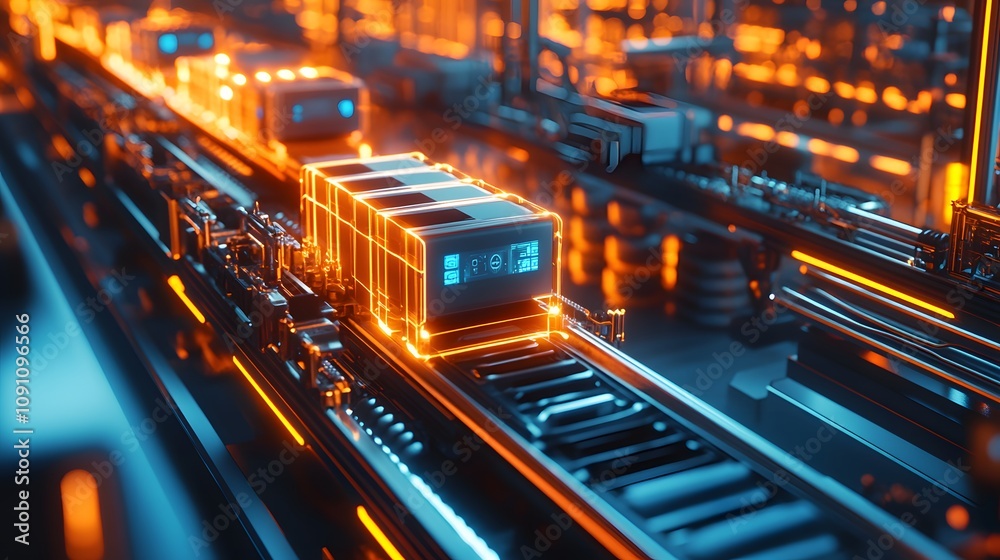 Poster a 3d-rendered production line manufacturing reusable containers, with 2d glowing overlays showing th