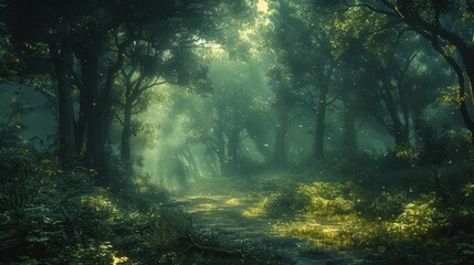 Obraz premium Enchanted forest pathway bathed in ethereal sunlight filtering through dense foliage in early morning. Generative AI