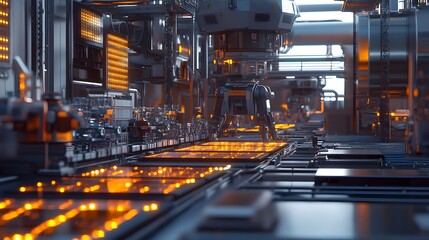 Obraz premium A solar-powered industrial plant producing batteries, with 3D robotics and 2D glowing energy indicators. Cinematic Scene, 4k resolution, cinematic scene