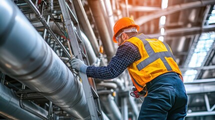 Worker in safety gear climbing a ladder in an industrial setting with pipes and machinery.
