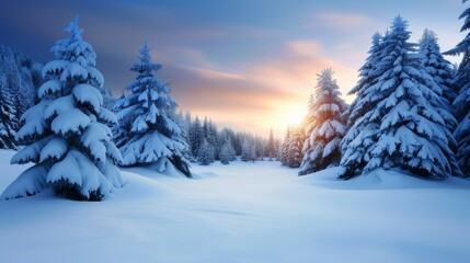 Winter sunrise over a snowy landscape with evergreen trees in a tranquil forest setting