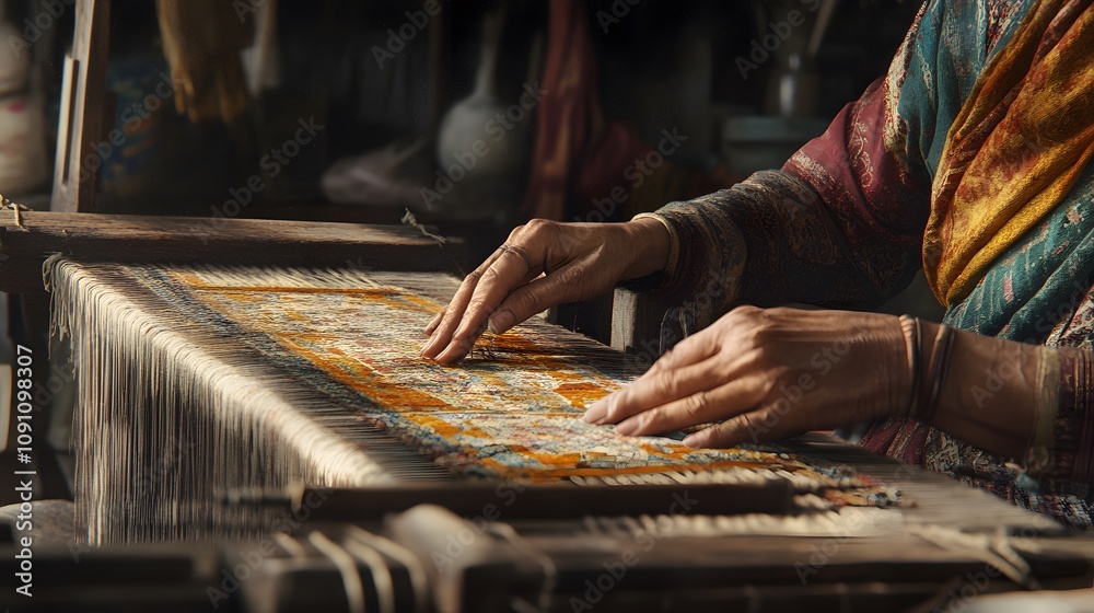 Poster A woman weaving cloth in a traditional workshop, her 3D hands creating patterns complemented by 2D glowing threads of history. 4k resolution, Cinematic Scene