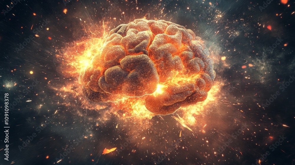Poster A brain is exploding in space with a lot of fire and debris