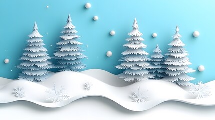 Obraz premium Winter forest with layered paper cut pine trees and watercolor snowy sky