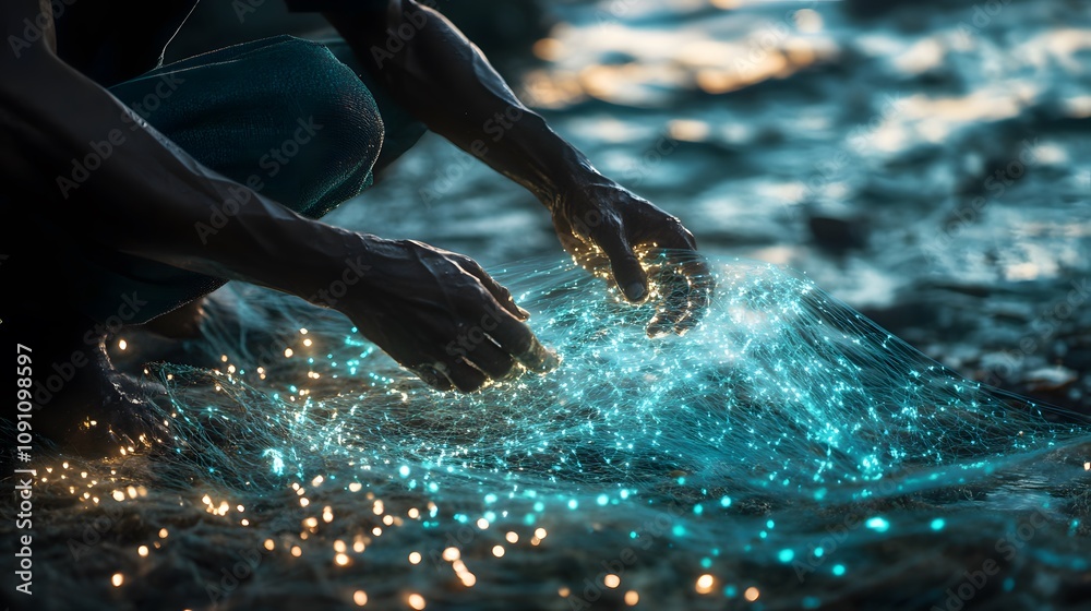 Poster A man repairing a fishing net by the sea, his 3D hands weaving patterns enhanced with 2D glowing threads of livelihood. 4k resolution, Cinematic Scene