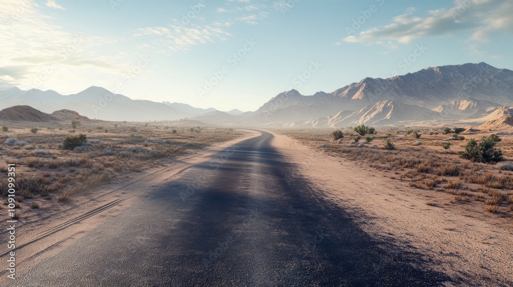 Poster a road in the desert with mountains in the background