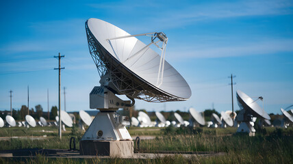 Earth receiving station in a remote desert location, where satellite signals are decoded and transmitted to control centers. The scene symbolizes global connectivity and the seamless flow of informati