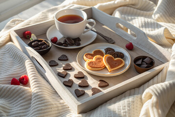 Breakfast tray with chocolate and coffee